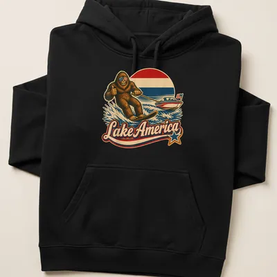 Vintage retro Sasquatch water skiing design with Lake America text — printed on a unisex hoodie