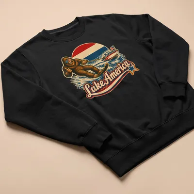 Vintage retro Sasquatch water skiing design with Lake America text — printed on a unisex sweatshirt