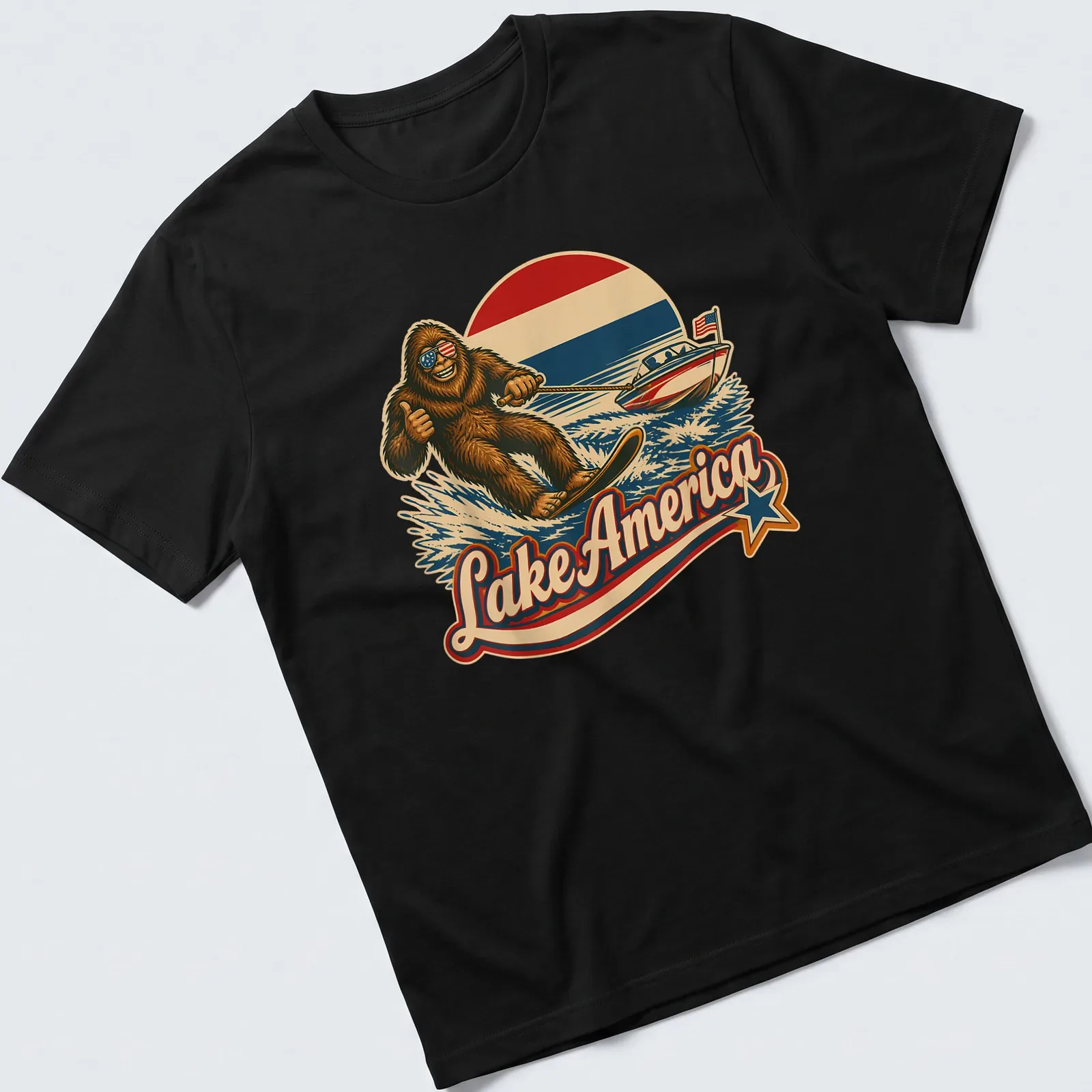 Vintage retro Sasquatch water skiing design with Lake America text — printed on a unisex t-shirt