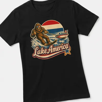 Vintage retro Sasquatch water skiing design with Lake America text — printed on a women's shirt
