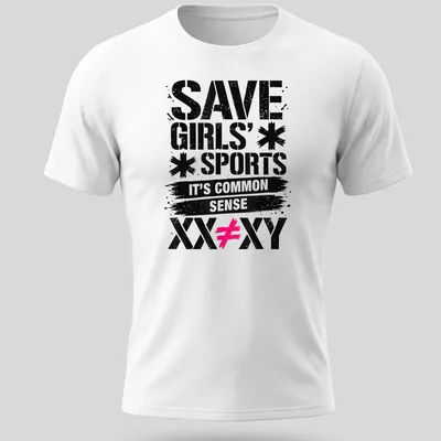 Bold graffiti print advocating for girls' sports with the text SAVE GIRLS' SPORTS IT'S COMMON SENSE XX≠XY