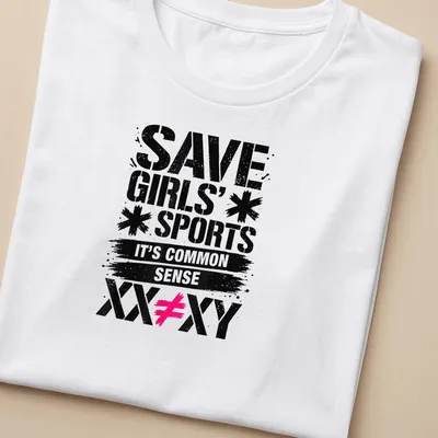 Bold graffiti print advocating for girls' sports with the text SAVE GIRLS' SPORTS IT'S COMMON SENSE XX≠XY — printed on a women's shirt