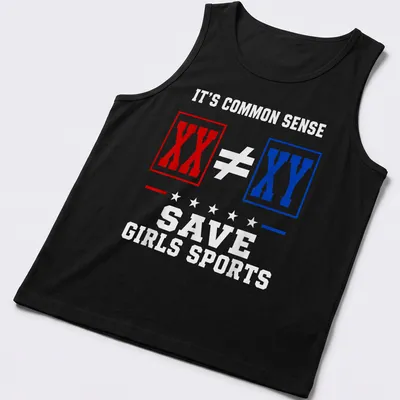 Bold graphic T-shirt with the text Save Girls Sports and XX and XY symbols — printed on a tank top