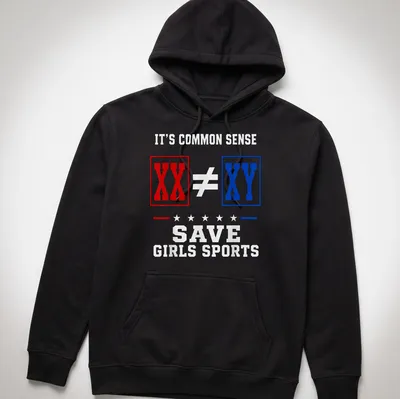 Bold graphic T-shirt with the text Save Girls Sports and XX and XY symbols — printed on a unisex hoodie