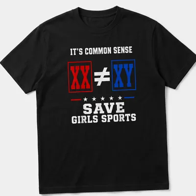 Bold graphic T-shirt with the text Save Girls Sports and XX and XY symbols