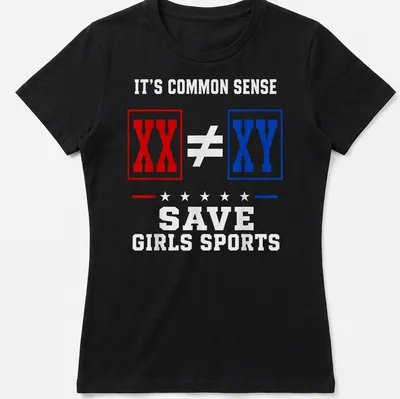 Bold graphic T-shirt with the text Save Girls Sports and XX and XY symbols — printed on a women's shirt