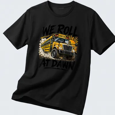 Bold graphic t-shirt featuring a school bus and the phrase We Roll At Dawn