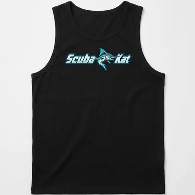Bold graphic of a scuba diving cat next to a marlin fish in turquoise and black — printed on a tank top