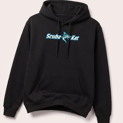 Bold graphic of a scuba diving cat next to a marlin fish in turquoise and black — printed on a unisex hoodie