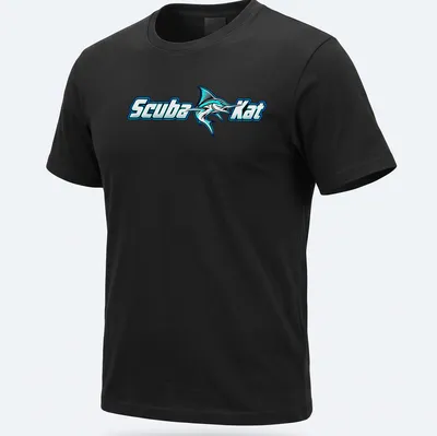 Bold graphic of a scuba diving cat next to a marlin fish in turquoise and black
