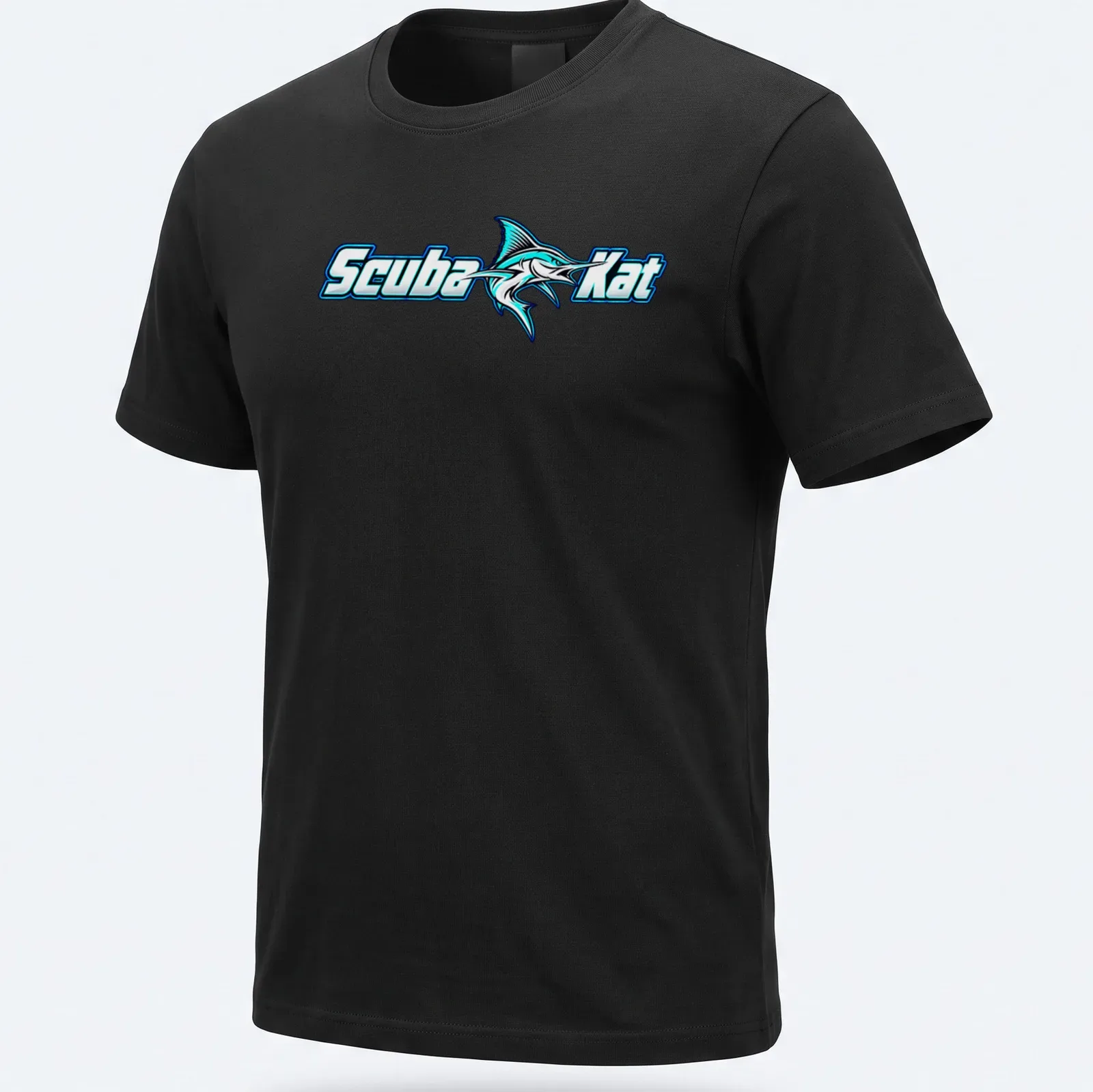 Bold graphic of a scuba diving cat next to a marlin fish in turquoise and black — printed on a unisex t-shirt