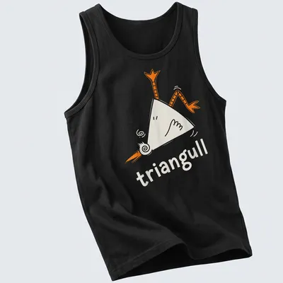 Cartoon seagull illustration with the pun "triangull" in orange and white — printed on a tank top