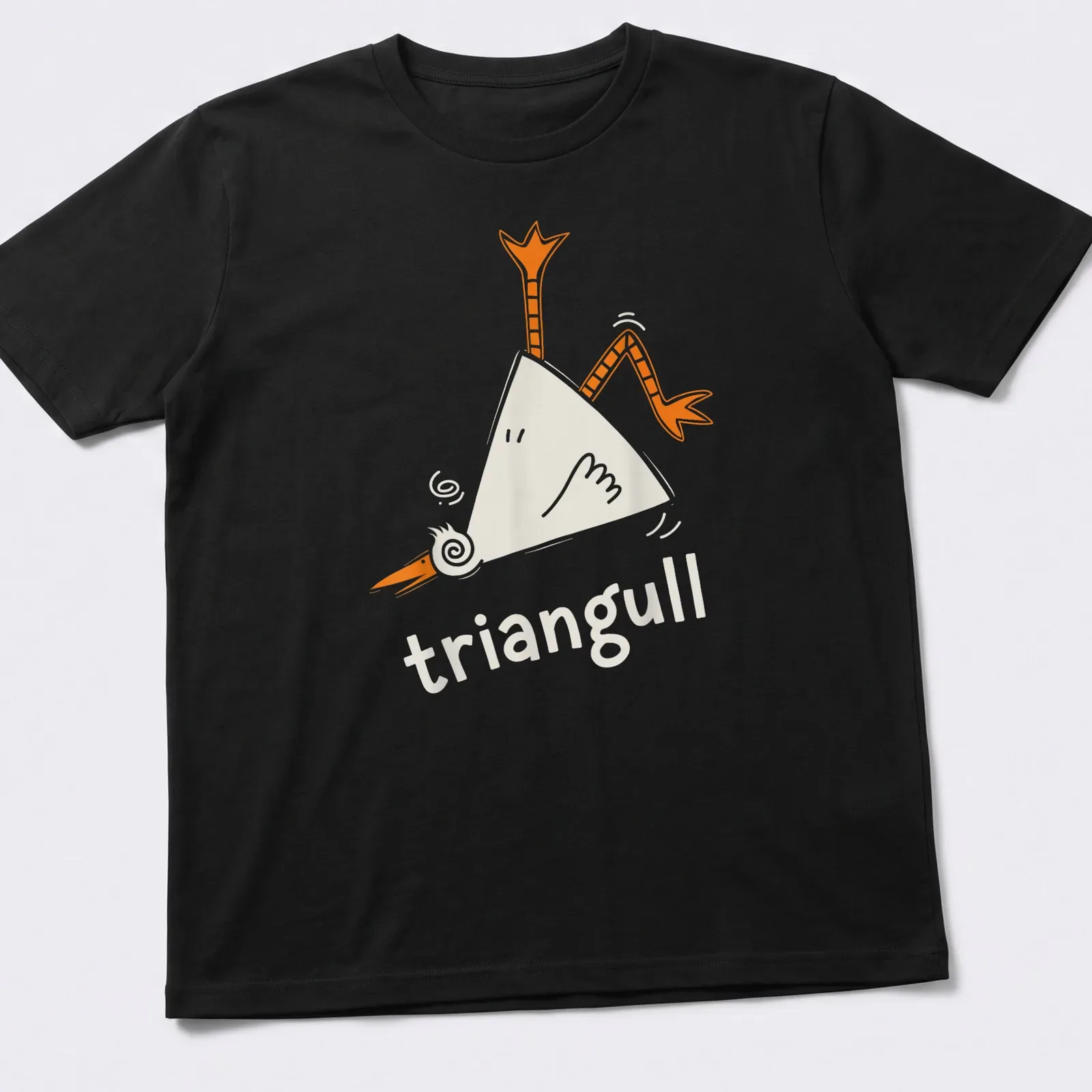 Cartoon seagull illustration with the pun "triangull" in orange and white — printed on a unisex t-shirt