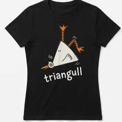 Cartoon seagull illustration with the pun "triangull" in orange and white — printed on a women's shirt