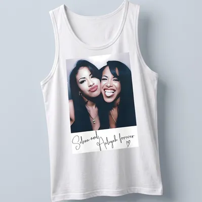 Vintage tribute t-shirt featuring Selena and Aaliyah with nostalgic text — printed on a tank top
