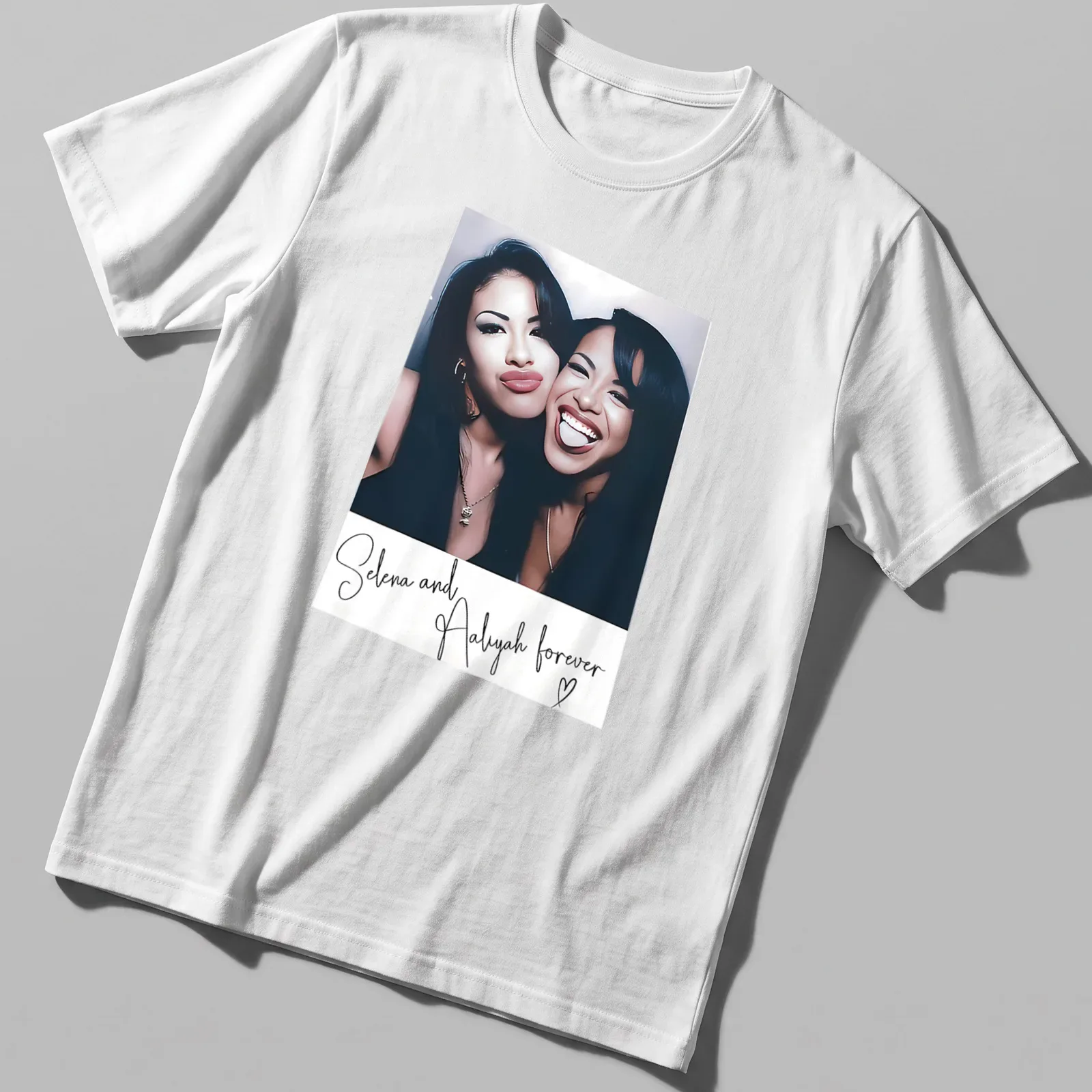 Vintage tribute t-shirt featuring Selena and Aaliyah with nostalgic text — printed on a unisex t-shirt
