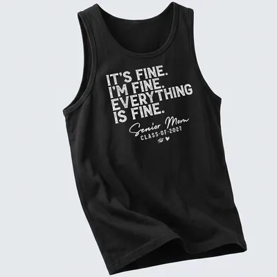 Retro distressed Senior Mom tee with humorous graduation message — printed on a tank top