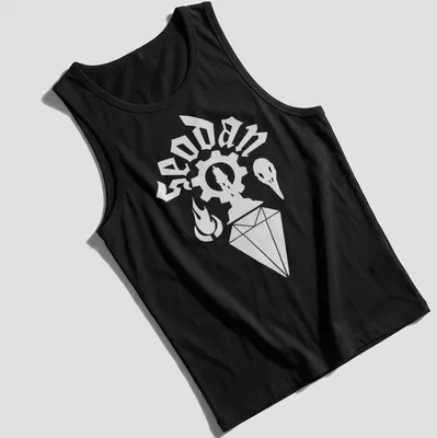 Minimalist white Seodan sigil logo graphic on a — printed on a tank top