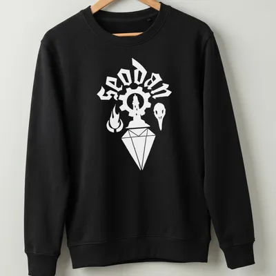 Minimalist white Seodan sigil logo graphic on a — printed on a unisex sweatshirt