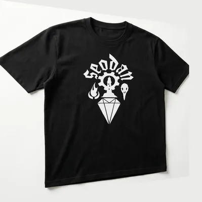 Minimalist white Seodan sigil logo graphic on a — printed on a unisex t-shirt (angled view)