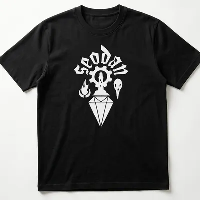 Minimalist white Seodan sigil logo graphic on a T-shirt
