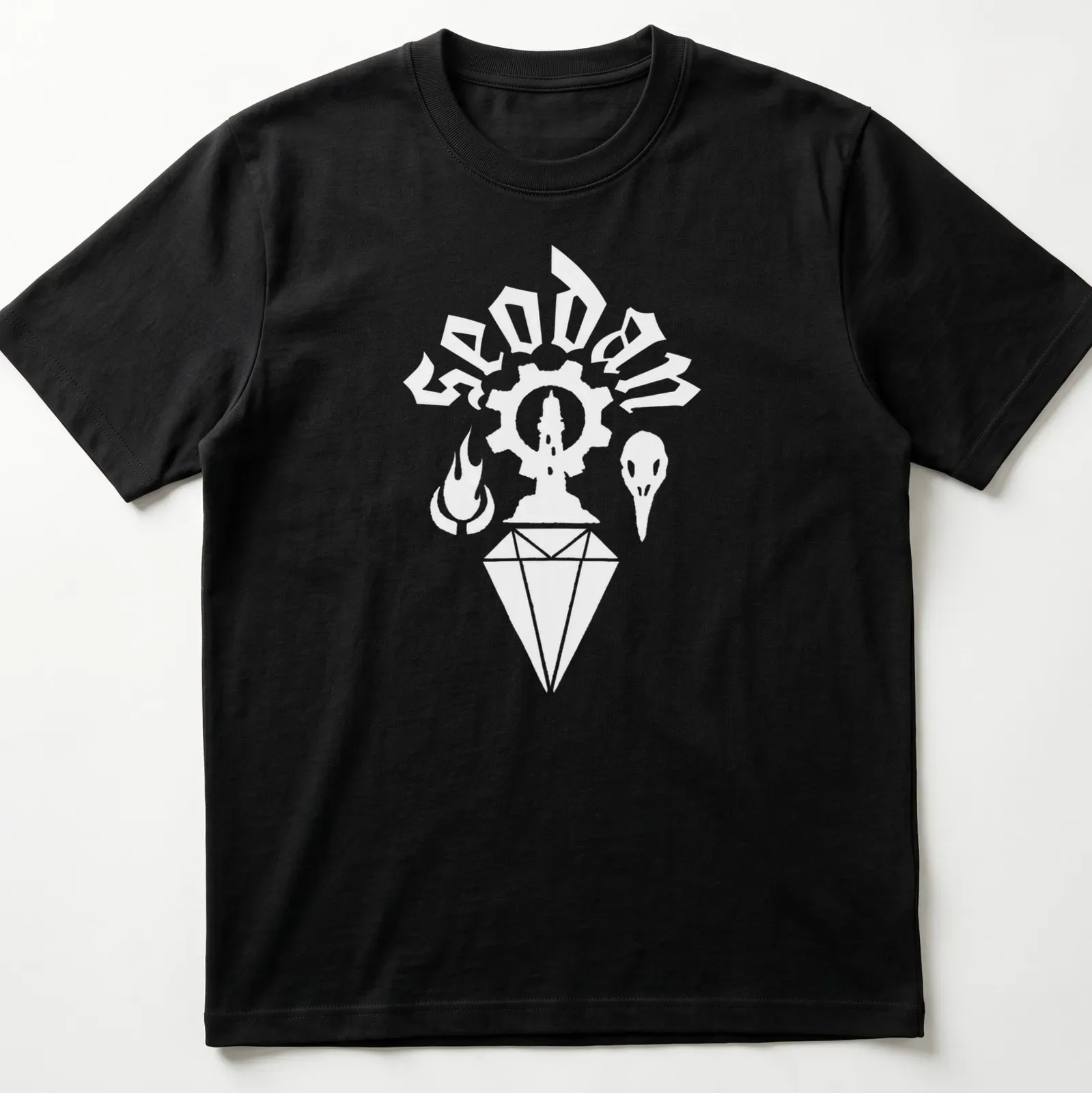Minimalist white Seodan sigil logo graphic on a — printed on a unisex t-shirt