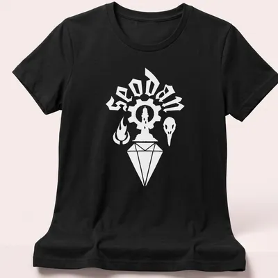 Minimalist white Seodan sigil logo graphic on a — printed on a women's shirt