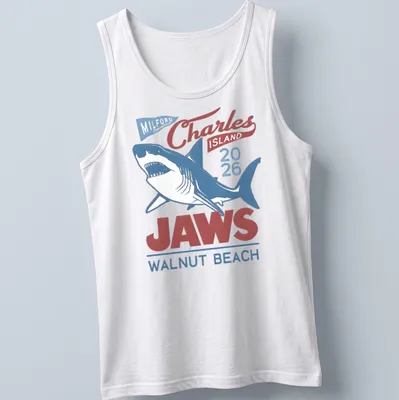 Vintage T-shirt featuring a shark graphic with red, blue, and white text. — printed on a tank top