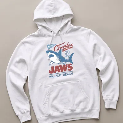Vintage T-shirt featuring a shark graphic with red, blue, and white text. — printed on a unisex hoodie