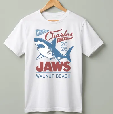 Vintage T-shirt featuring a shark graphic with red, blue, and white text.