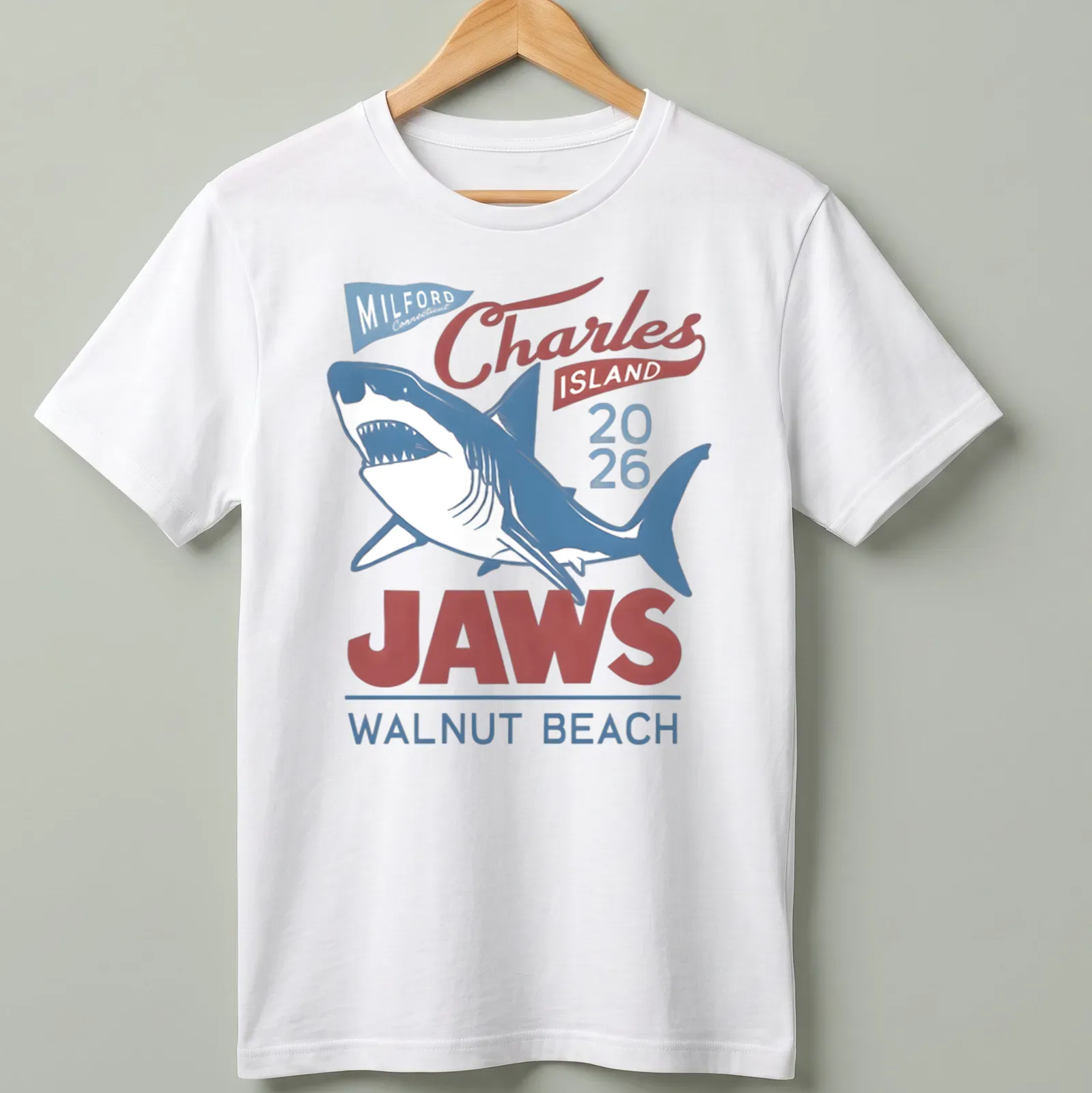 Vintage T-shirt featuring a shark graphic with red, blue, and white text. — printed on a unisex t-shirt