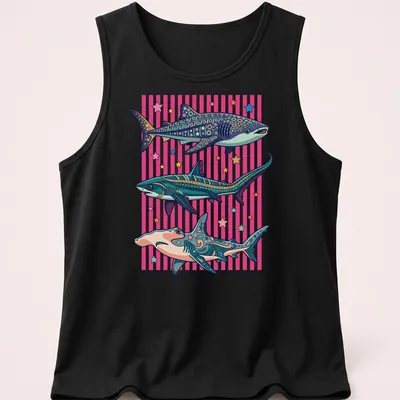 Colorful cartoon sharks in a tropical ocean scene on a summer — printed on a tank top