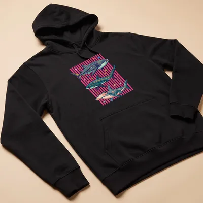 Colorful cartoon sharks in a tropical ocean scene on a summer — printed on a unisex hoodie