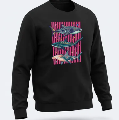 Colorful cartoon sharks in a tropical ocean scene on a summer — printed on a unisex sweatshirt