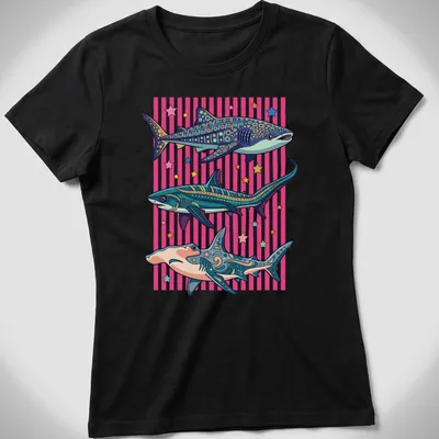 Colorful cartoon sharks in a tropical ocean scene on a summer — printed on a women's shirt