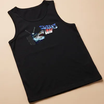 Pixel art Sharks TV T-shirt with shark and television graphic — printed on a tank top