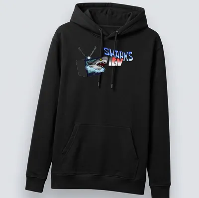 Pixel art Sharks TV T-shirt with shark and television graphic — printed on a unisex hoodie