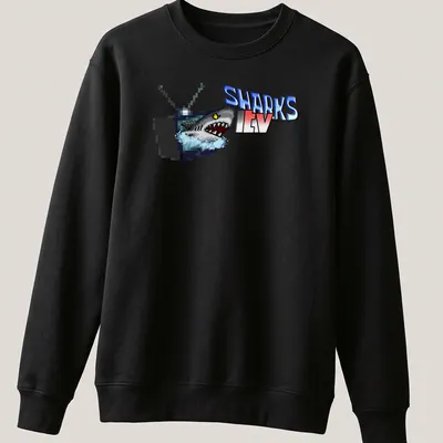 Pixel art Sharks TV T-shirt with shark and television graphic — printed on a unisex sweatshirt