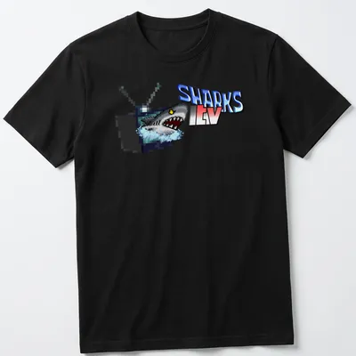 Pixel art Sharks TV T-shirt with shark and television graphic