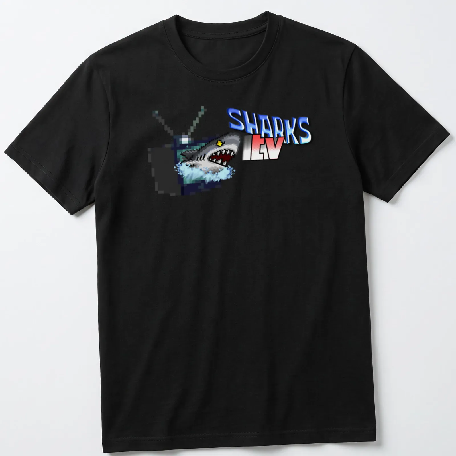 Pixel art Sharks TV T-shirt with shark and television graphic — printed on a unisex t-shirt