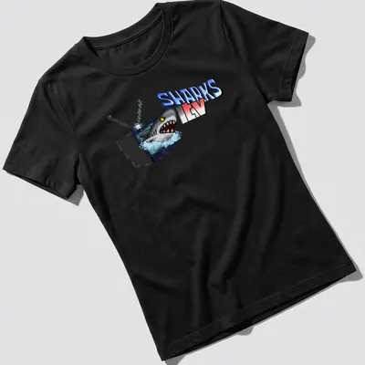Pixel art Sharks TV T-shirt with shark and television graphic — printed on a women's shirt