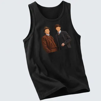 Vintage style t-shirt featuring Sherlock Holmes and James Moriarty in brown, dark blue, and white — printed on a tank top