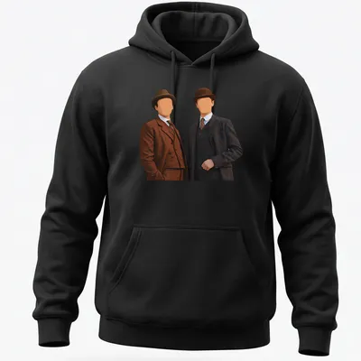 Vintage style t-shirt featuring Sherlock Holmes and James Moriarty in brown, dark blue, and white — printed on a unisex hoodie
