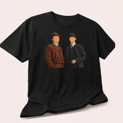 Vintage style t-shirt featuring Sherlock Holmes and James Moriarty in brown, dark blue, and white — printed on a unisex t-shirt (angled view)