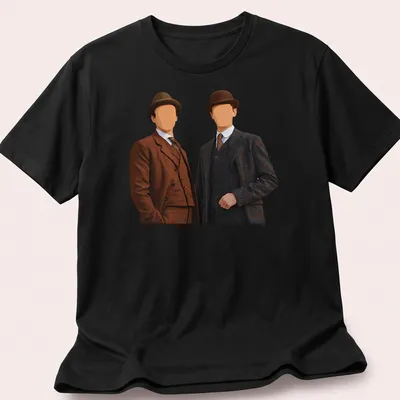Vintage style t-shirt featuring Sherlock Holmes and James Moriarty in brown, dark blue, and white