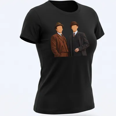 Vintage style t-shirt featuring Sherlock Holmes and James Moriarty in brown, dark blue, and white — printed on a women's shirt