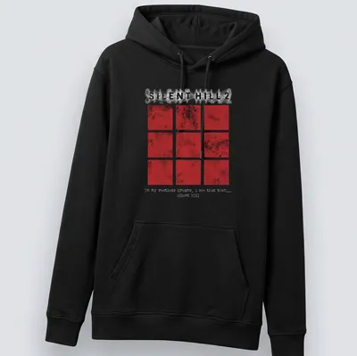 Grunge style Silent Hill 2 tee featuring red squares and haunting text — printed on a unisex hoodie