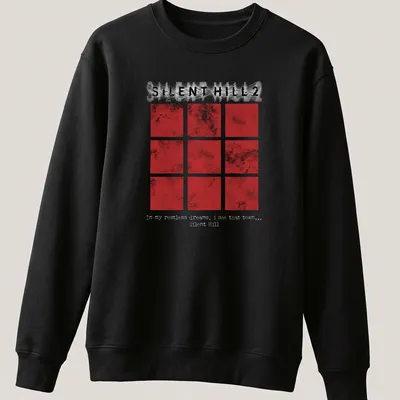 Grunge style Silent Hill 2 tee featuring red squares and haunting text — printed on a unisex sweatshirt