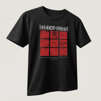 Grunge style Silent Hill 2 tee featuring red squares and haunting text — printed on a unisex t-shirt (angled view)
