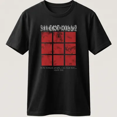 Grunge style Silent Hill 2 tee featuring red squares and haunting text